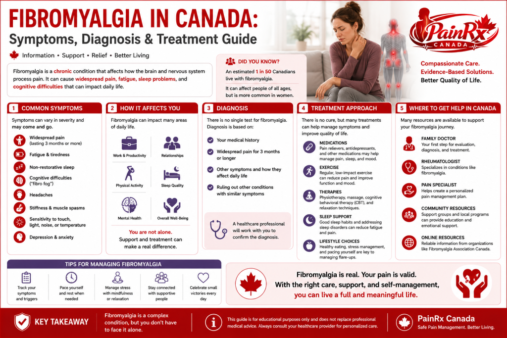 Educational infographic about fibromyalgia in Canada explaining common symptoms, diagnosis, treatment options, and support resources. Features illustrations of widespread pain, fatigue, sleep disturbances, cognitive difficulties, healthcare professionals, and pain management strategies alongside the PainRx Canada logo in a clean red-and-white medical design.