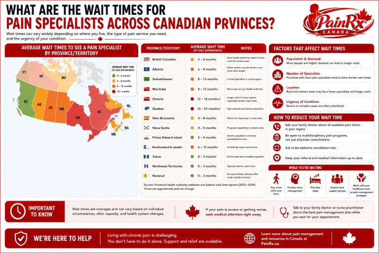 Educational infographic showing estimated wait times for pain specialists across Canadian provinces and territories, including a colour-coded Canada map, provincial wait time comparison table, factors affecting wait times, and tips for managing chronic pain while waiting. Features the PainRx Canada logo in the top-right corner.