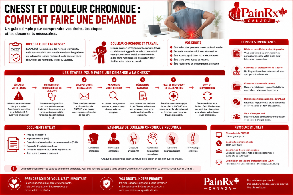 Infographie éducative sur la CNESST et la douleur chronique au Québec, expliquant les étapes pour faire une demande, les droits des travailleurs, les documents nécessaires, l’évaluation du dossier, le traitement et la réadaptation. Design médical rouge et blanc avec le logo PainRx Canada.
