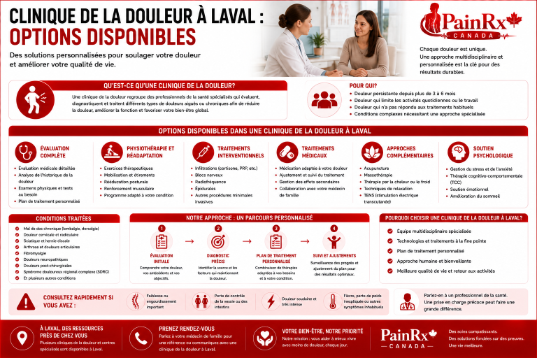 Infographie éducative sur les options disponibles dans une clinique de la douleur à Laval, présentant l’évaluation médicale, la physiothérapie, la réadaptation, les traitements médicaux et interventionnels, les approches complémentaires et le soutien psychologique. Design médical rouge et blanc avec le logo PainRx Canada.