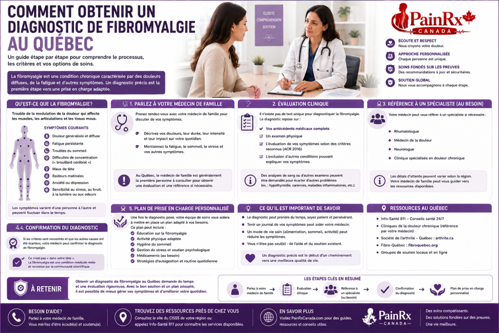 Infographie éducative expliquant comment obtenir un diagnostic de fibromyalgie au Québec, avec les symptômes courants, les étapes d’évaluation médicale, la référence à un spécialiste, la confirmation du diagnostic et les options de prise en charge. Logo PainRx Canada dans un design médical professionnel violet et blanc.