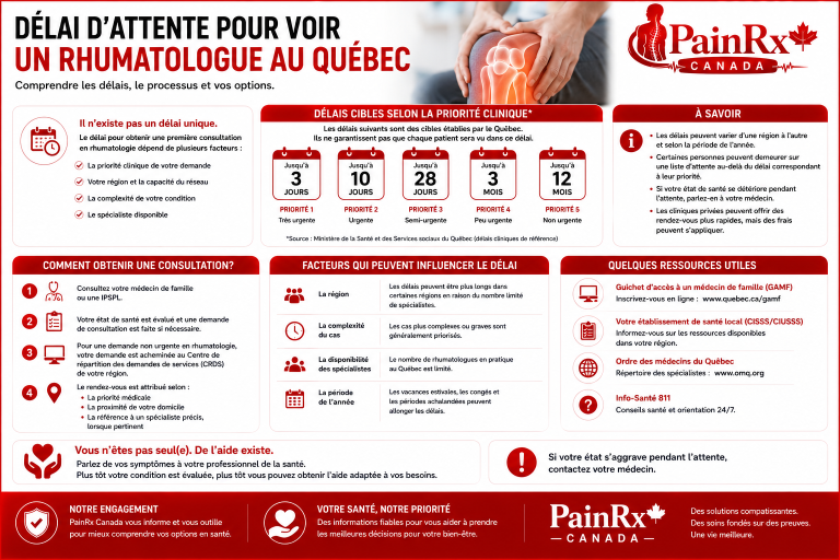 Infographie éducative sur le délai d’attente pour voir un rhumatologue au Québec, présentant les délais cibles selon la priorité clinique, les étapes pour obtenir une consultation, les facteurs qui influencent l’attente et des ressources de santé québécoises. Design médical rouge et blanc avec le logo PainRx Canada.