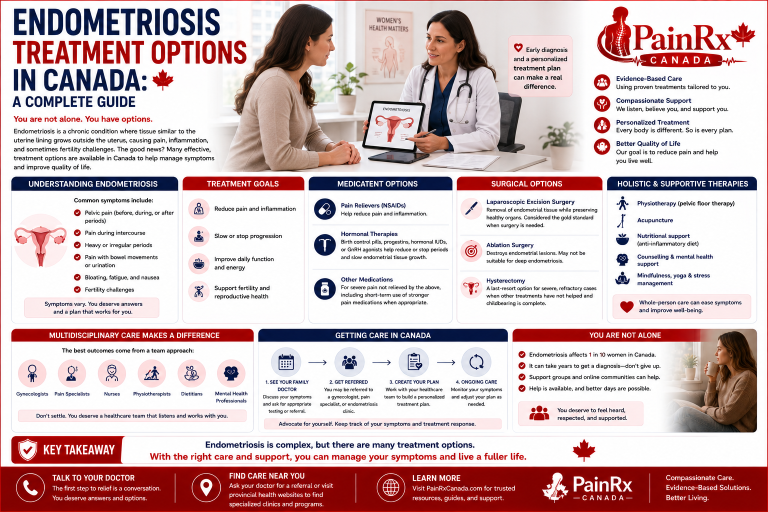 Educational infographic explaining endometriosis treatment options in Canada, including pain relievers, hormonal therapies, surgery, physiotherapy, acupuncture, mental health support, and multidisciplinary care. Features a patient consulting a healthcare professional and PainRx Canada branding.