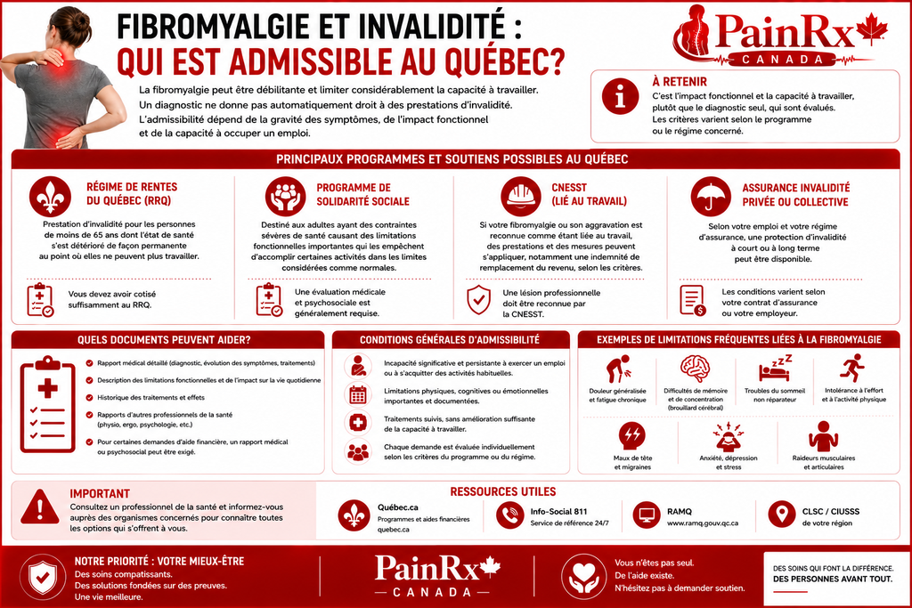 Infographie éducative sur la fibromyalgie et l’invalidité au Québec, présentant les principaux programmes et soutiens possibles, dont le RRQ, la solidarité sociale, la CNESST et l’assurance invalidité, ainsi que les critères d’admissibilité, les documents utiles et les limitations fonctionnelles. Design médical rouge et blanc avec le logo PainRx Canada.