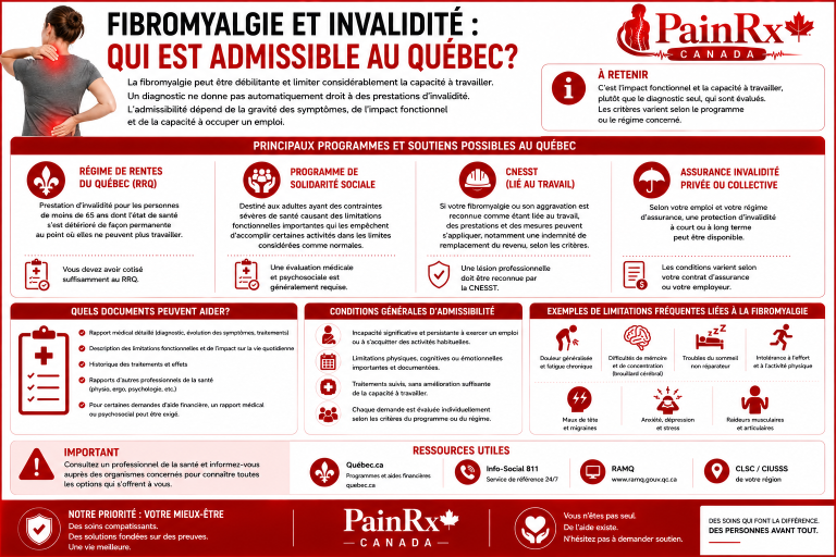 Infographie éducative sur la fibromyalgie et l’invalidité au Québec, présentant les principaux programmes et soutiens possibles, dont le RRQ, la solidarité sociale, la CNESST et l’assurance invalidité, ainsi que les critères d’admissibilité, les documents utiles et les limitations fonctionnelles. Design médical rouge et blanc avec le logo PainRx Canada.