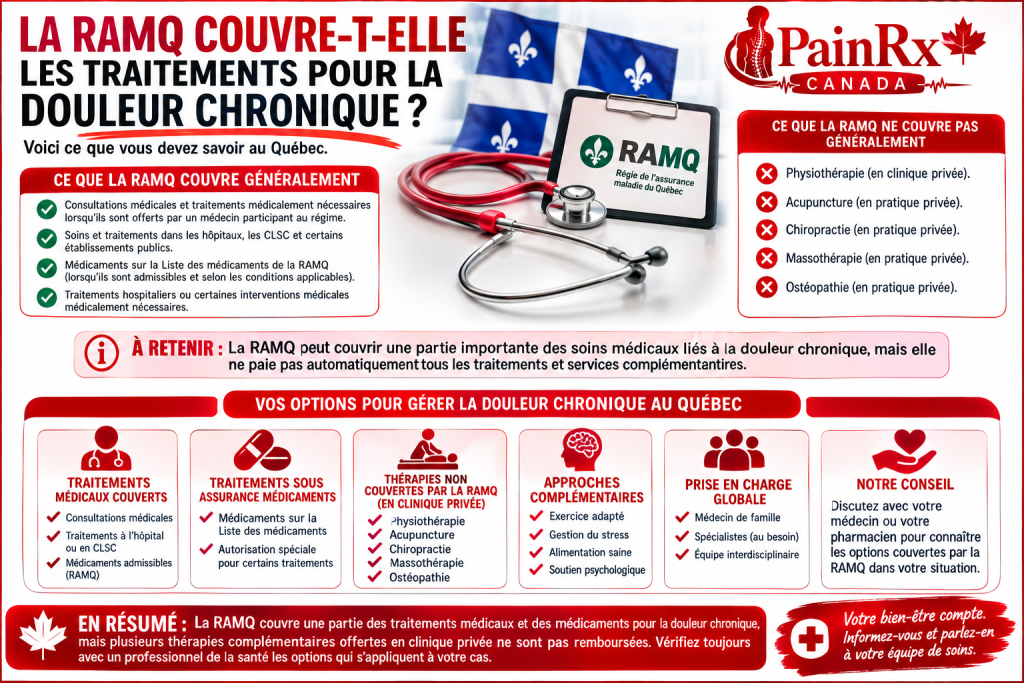 Infographie éducative expliquant si la RAMQ couvre les traitements de la douleur chronique au Québec, avec les soins médicaux couverts, les médicaments admissibles, les traitements hospitaliers, les services privés généralement non couverts et les options de gestion de la douleur. Logo PainRx Canada dans un design médical professionnel rouge et blanc.