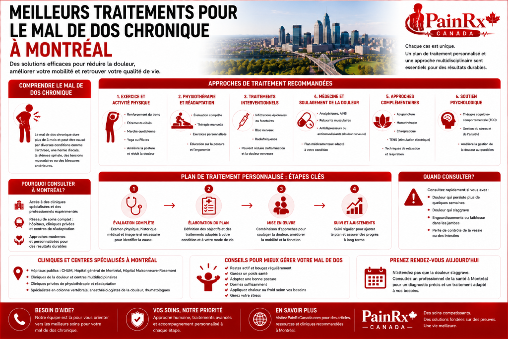 Infographie éducative sur les meilleurs traitements du mal de dos chronique à Montréal, présentant l’activité physique, la physiothérapie, la réadaptation, les traitements médicaux, les interventions spécialisées, les approches complémentaires et le soutien psychologique. Design médical rouge et blanc avec le logo PainRx Canada.