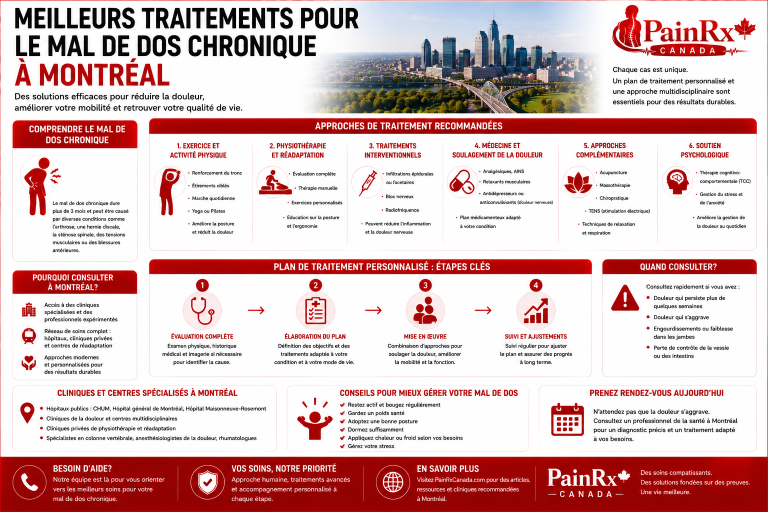 Infographie éducative sur les meilleurs traitements du mal de dos chronique à Montréal, présentant l’activité physique, la physiothérapie, la réadaptation, les traitements médicaux, les interventions spécialisées, les approches complémentaires et le soutien psychologique. Design médical rouge et blanc avec le logo PainRx Canada.