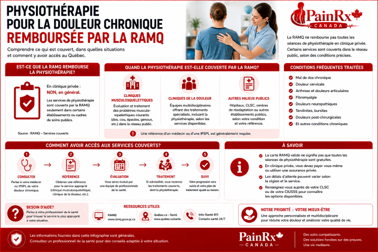 Infographie éducative sur la physiothérapie pour la douleur chronique et sa couverture par la RAMQ au Québec, présentant les situations où la physiothérapie peut être couverte dans le réseau public, les conditions fréquemment traitées, les étapes pour accéder aux services et les ressources québécoises. Design médical rouge et blanc avec le logo PainRx Canada