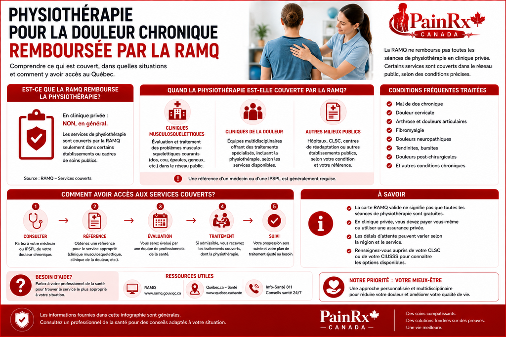 Infographie éducative sur la physiothérapie pour la douleur chronique et sa couverture par la RAMQ au Québec, présentant les situations où la physiothérapie peut être couverte dans le réseau public, les conditions fréquemment traitées, les étapes pour accéder aux services et les ressources québécoises. Design médical rouge et blanc avec le logo PainRx Canada
