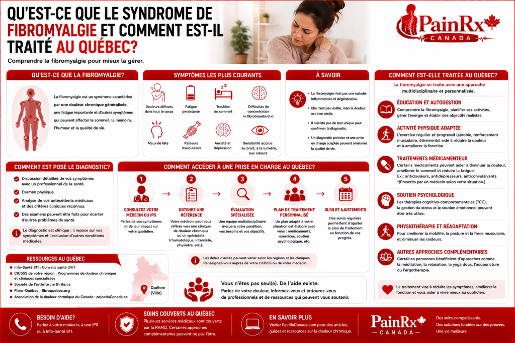 Infographie éducative expliquant ce qu’est la fibromyalgie et comment elle est traitée au Québec. Elle présente les symptômes courants, le processus de diagnostic, les options de traitement, l’accès aux soins et les ressources québécoises, avec le logo PainRx Canada dans un design médical rouge et blanc.