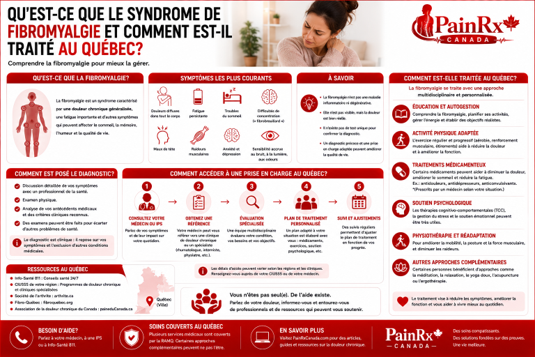 Infographie éducative expliquant ce qu’est la fibromyalgie et comment elle est traitée au Québec. Elle présente les symptômes courants, le processus de diagnostic, les options de traitement, l’accès aux soins et les ressources québécoises, avec le logo PainRx Canada dans un design médical rouge et blanc.