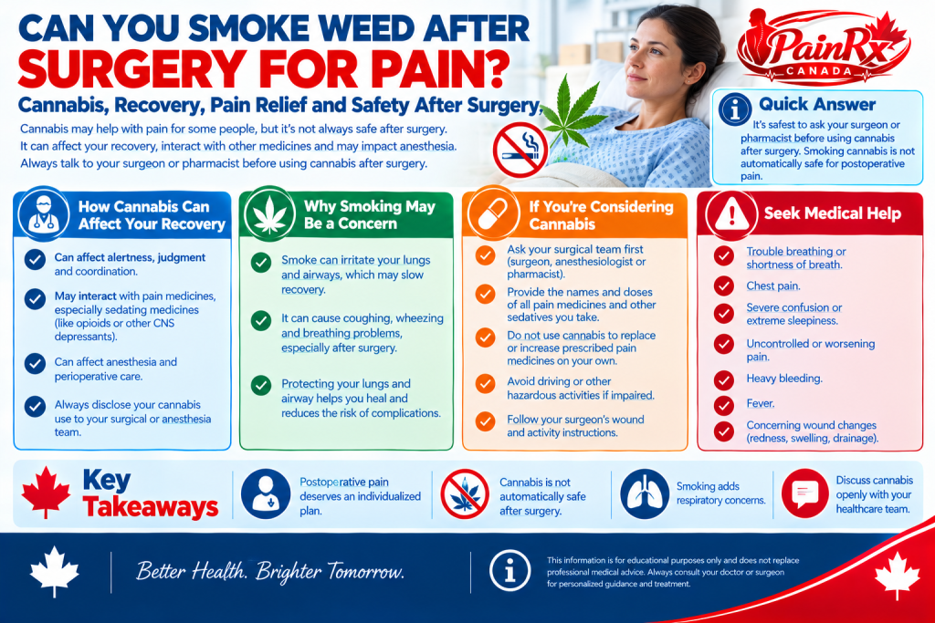 Can you smoke weed after surgery for pain? Infographic explaining cannabis use, postoperative pain relief, recovery risks, medication interactions, anesthesia concerns, and when to seek medical help.