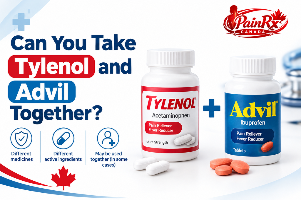 Can You Take Tylenol and Advil Together? infographic featuring Tylenol and Advil pain relievers with PainRx Canada branding