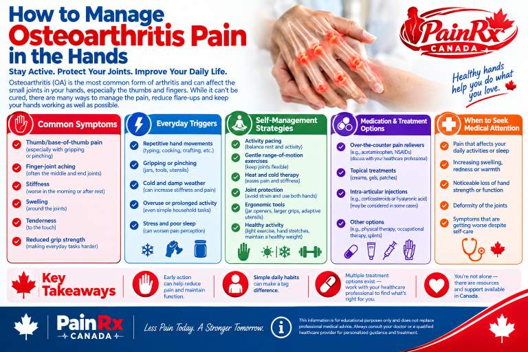 Infographic explaining how to manage osteoarthritis pain in the hands, including common symptoms, everyday triggers, self-management strategies, treatment options, and when to seek medical attention.