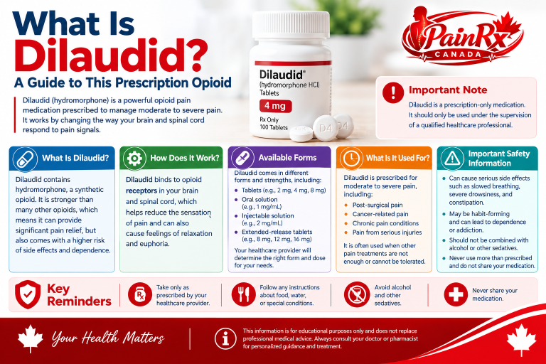 What Is Dilaudid? infographic explaining Dilaudid (hydromorphone), its prescription use, available forms, how it works, safety risks, and key precautions, with PainRx Canada branding.